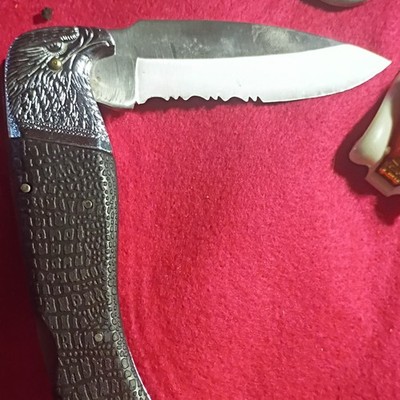 Eagle Head Lockback Pocket Knife Combo Edge Clip Point SS Blade Metal Handle