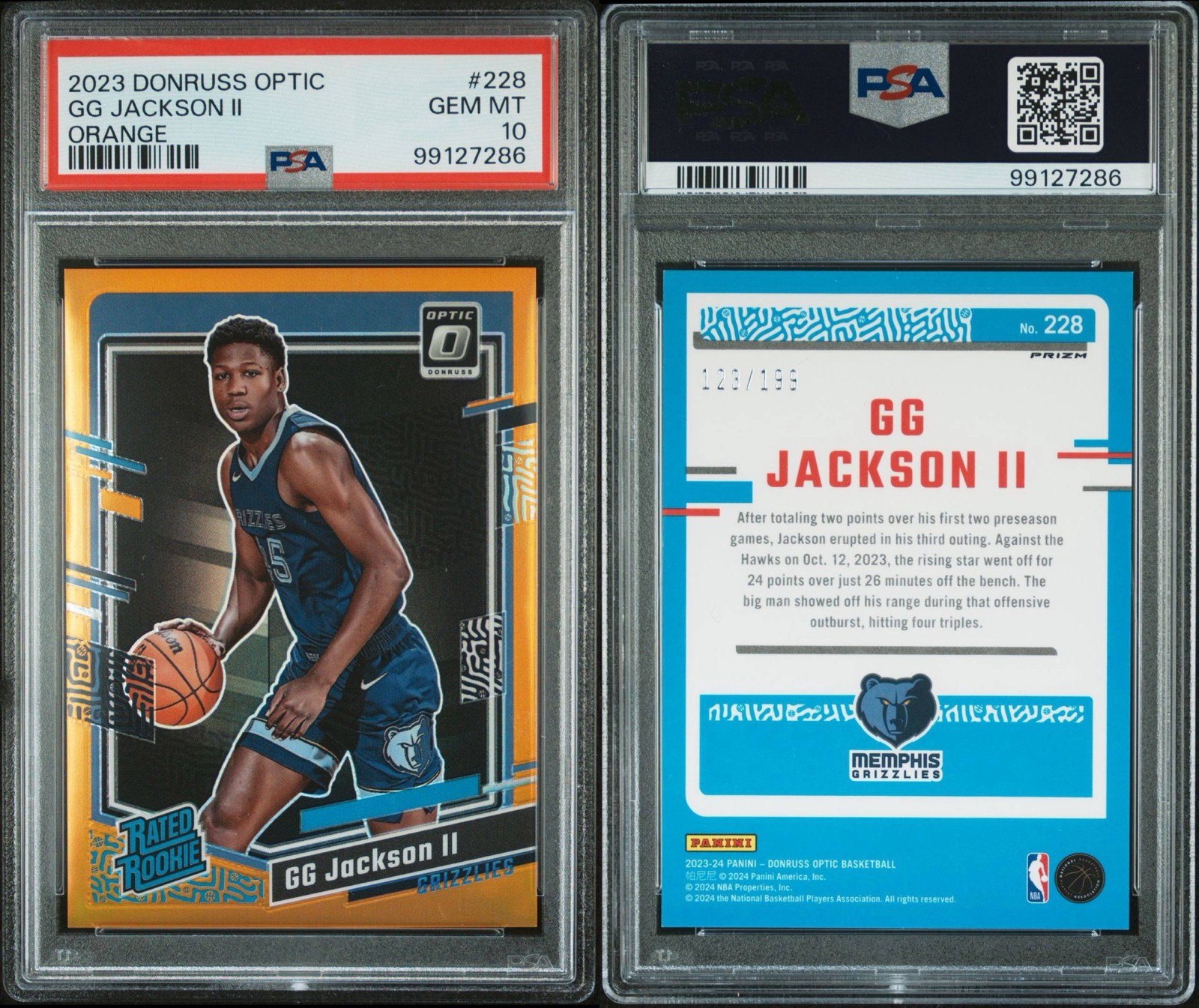 2023-24 Panini Donruss Optic Rated Rookie GG Jackson #228 Orange /199 PSA 10