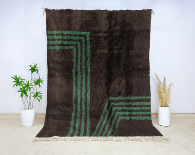 Moroccan Berber Wool Rug Color Brown Green Handmade Luxury Design Carpet Rug