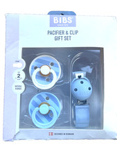 BIBS Natural Rubber Pacifiers Clip Gift set NEW 6 Months, Round Nipple, Blue
