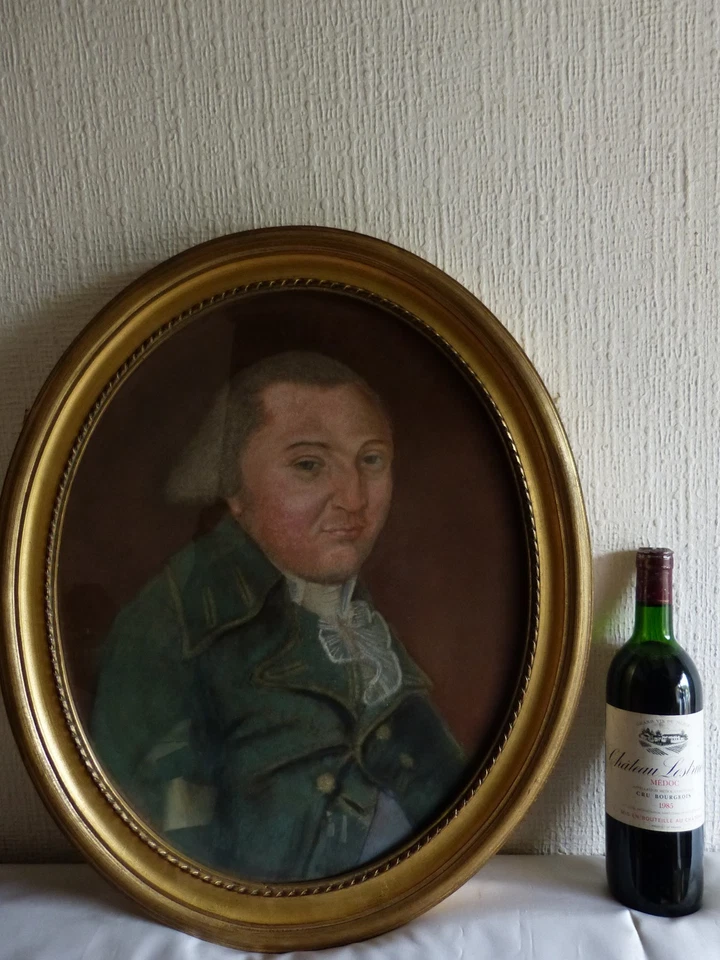 Tableau dessin pastel ancien fin 18 siècle XVIII Portrait homme cadre ovale - Photo 3/4