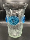 Blenko Glass 7” Clear Crackle Vase w/ Sea Green Applied Rosettes