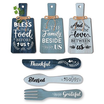 6pcs Kitchen Wall Decor Bless Food Sign Set Wall Table Accessories Wooden Pen...