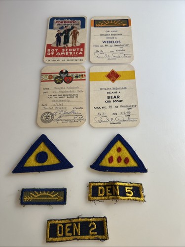 Boy Scout Merit Badge Card Lot of 4 1955 Manchester NH PLUS Patches ab9s