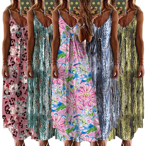Damen Sommer Strand Sommerkleid Damen Urlaub Riemchen Maxikleider Plus Size + : - Picture 3 of 22