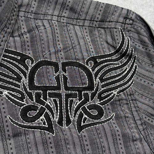 Roar Signature Shirt Mens Medium Gray Stripe Dragon Tribal Embroidered Button Up - Picture 4 of 11