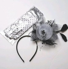 Women Fascinator Headband Gloves Kentucky Derby Hat Cocktail Party Black white