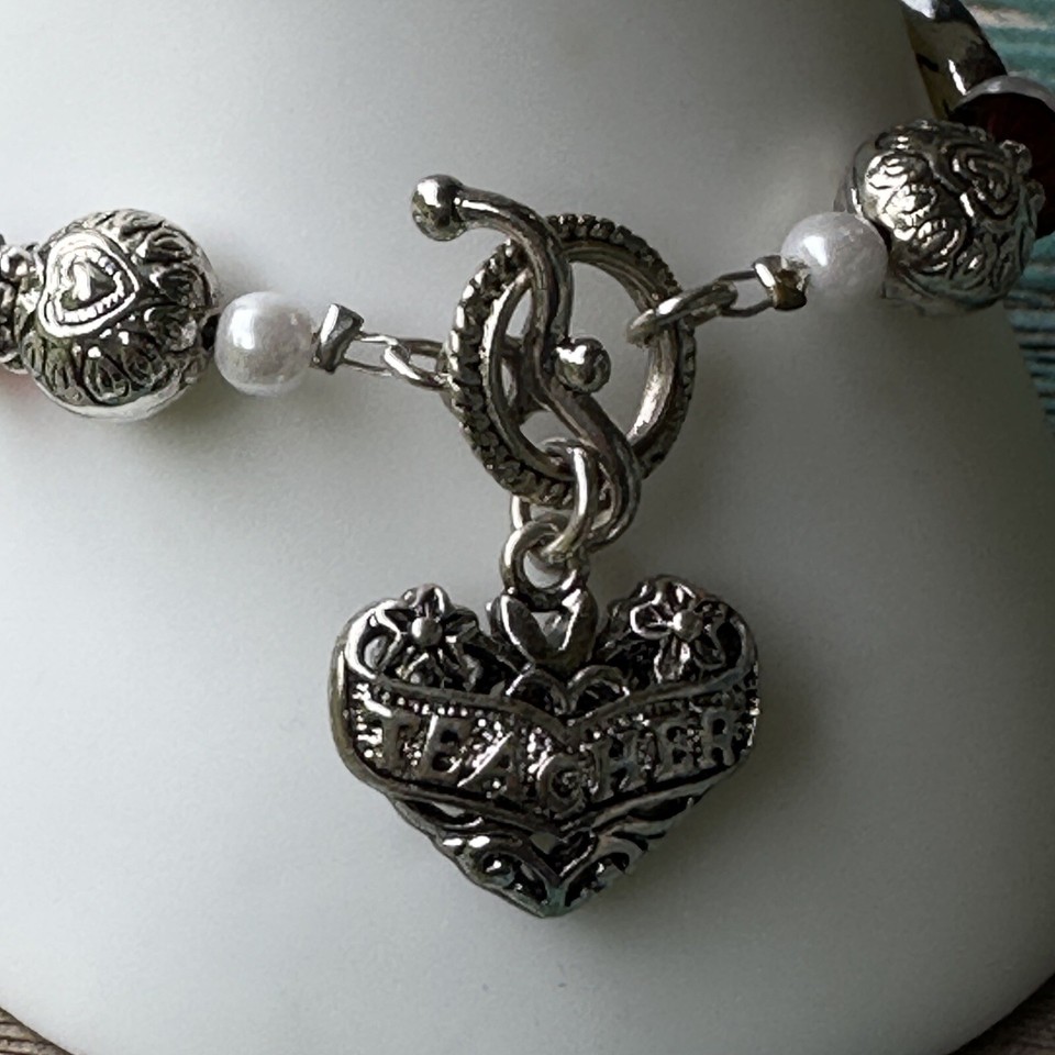 Charm Bracelet Silver Tone Teacher Inspire Words Heart Faux Pearls Red