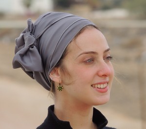 Grey Stretched SATIN SILK TURBAN Tichel Snood Head Scarf 