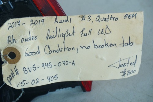 2017-2018-2019 AUDI A3 QUATRO RIGHT OUTER TAILLIGHT FULL LED OEM - Picture 7 of 7