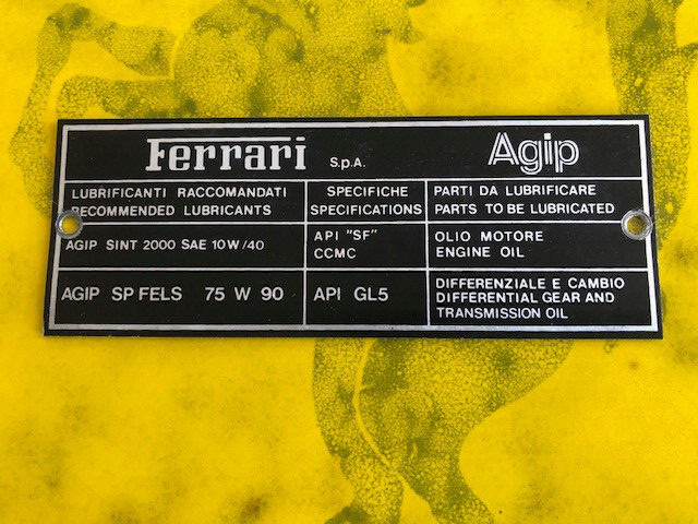 Ferrari Agip 308 328 Oil Lubrication identification plate 1970s/80s car’s