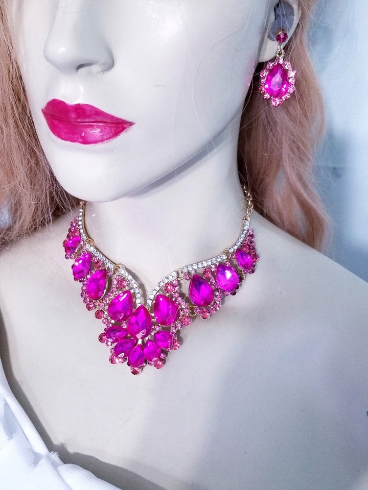Pink Rhinestone Choker Hot Pink Crystal Choker Rhinestone Necklace Earring Set Bridal Prom ...