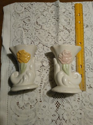 Vintage Cornucopia Ivory Ceramic Vases Yellow And Pink Rose | eBay