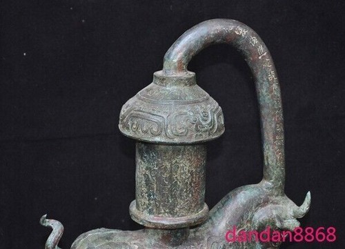 14" Cina dinastia Han articoli in bronzo testo bestia palazzo lanterna portacandele statua - Foto 9 di 17