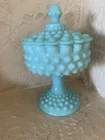 Fenton TURQUOISE/ Aqua  Hobnail Covered Candy Comport Compote ~ 8.5” Tall