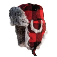 BUFFALO PLAID ESKIMO ALASKAN GENUINE RABBIT FUR RED HAT ICE AUGERS FISH HOUSE