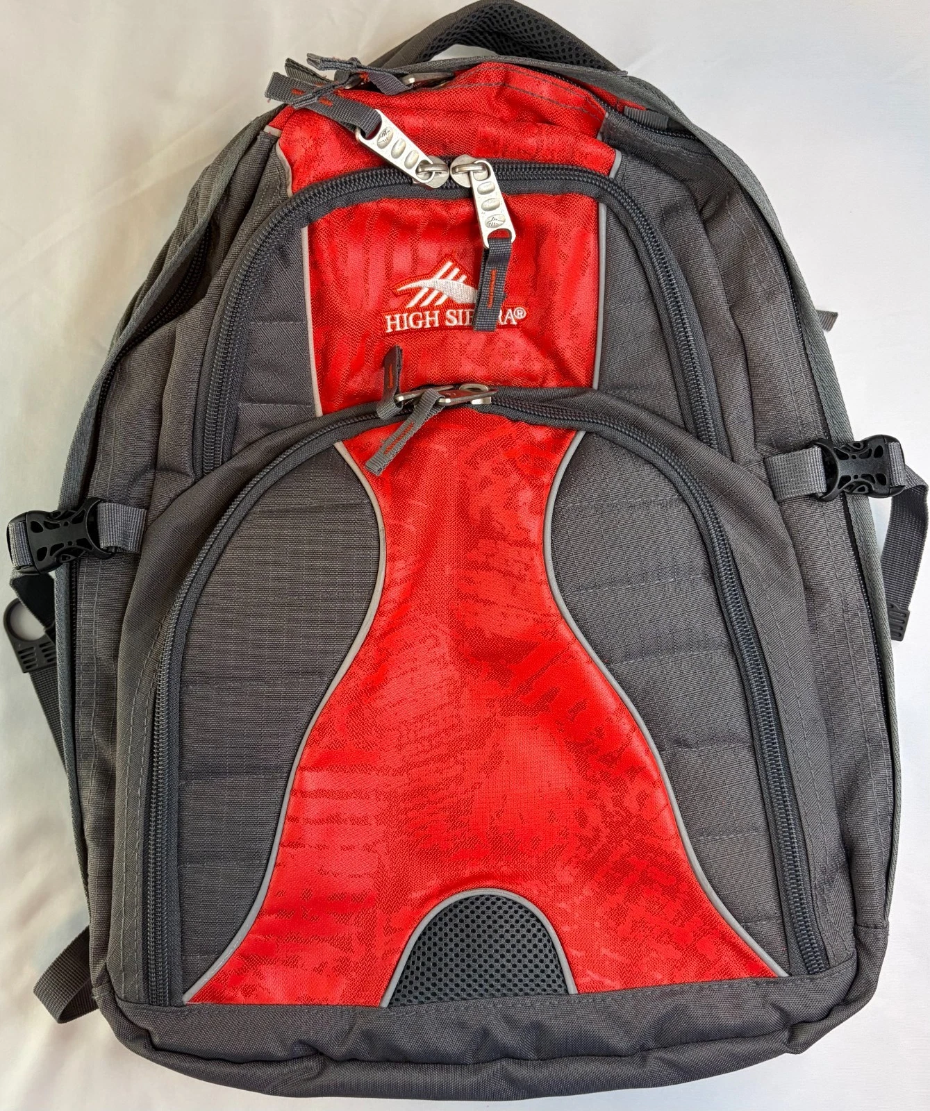High Sierra Swerve Backpack Padded Laptop Compartment Multiple Pockets Gray Red