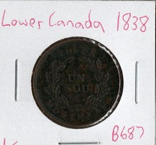 Coin Lower Canada 1 Sous 1838 KMTn4 (B687), Montreal