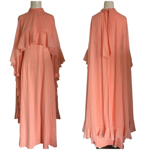 Amazing Vintage 70s Peach Maxi Cape Dress Detachable Chiffon Ruffle Cape Sz S