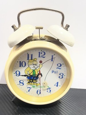 Vintage Katze animiert beweglicher Fisch ANGELN RETRO WECKER beige selten 70er