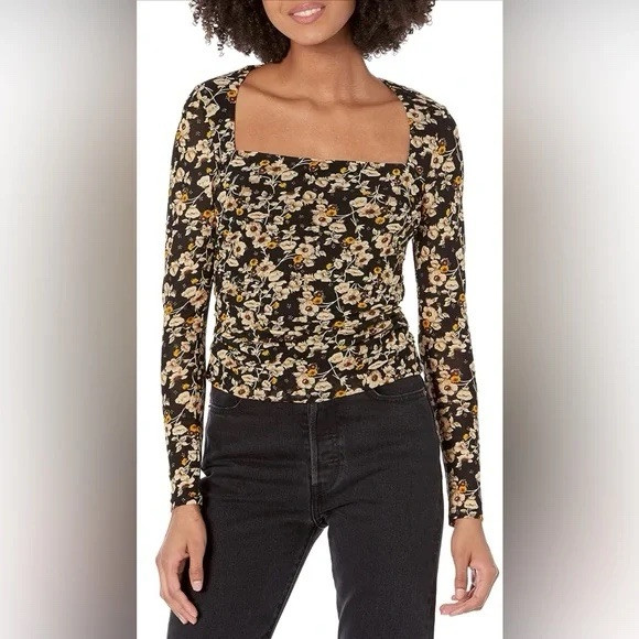 Astr The Label Black Floral Ruched Waist Top Size Medium