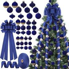 Navy Blue Velvet Christmas Ornaments Set with Tree Topper and Ribbon Bow