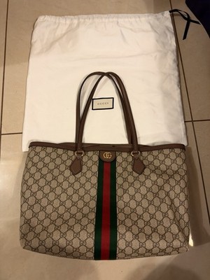 GUCCI Ophidia GG Supreme Web Soft Medium Tote Bag Beige Ebony