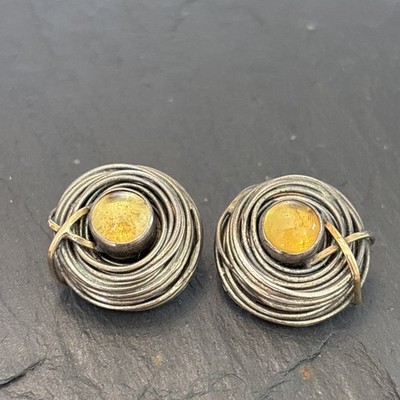 Margaret Ellis Modernist Sterling Silver & 18k Clip Earrings Vintage Designer 4e