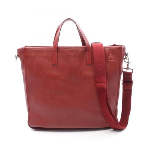 LOEWE Anagram 2-Way Leather Tote Bag Red Shoulder Strap Auth