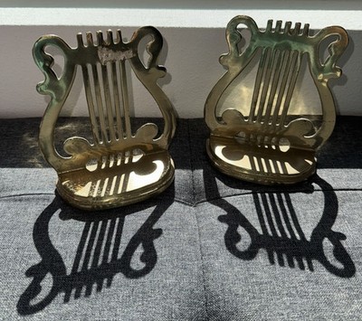 Vintage Harp Brass Book Ends Musical Symbol Pair Staff Stand Bookends