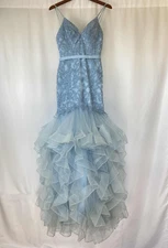 Camille La Vie Sz 2 Blue Mermaid Beaded Lace Embroidered Tiered Tulle Ballgown