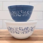 Vtg Colonial Mist PYREX Mixing Nesting Bowls 401 402 Blue White French Daisy Set