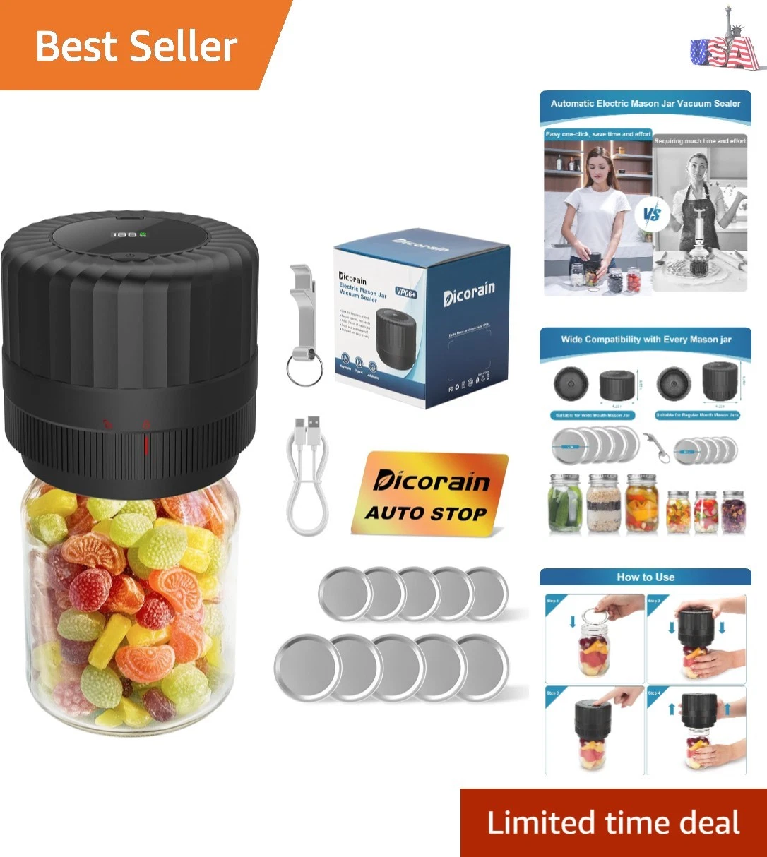 Electric-Mason-Jar-Vacuum-Sealer, Automatic Wide Mouth and Regular Mouth Maso...