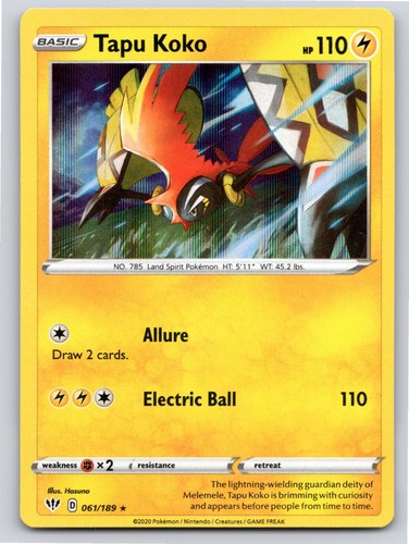 2020 POKEMON DARKNESS ABLAZE TAPU KOKO 061/189 HOLO R NM A99278 FREE S&H
