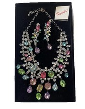 Arnold Scaasi Bib Necklace and Earrings Set Cabochon Rhinestone Chandelier