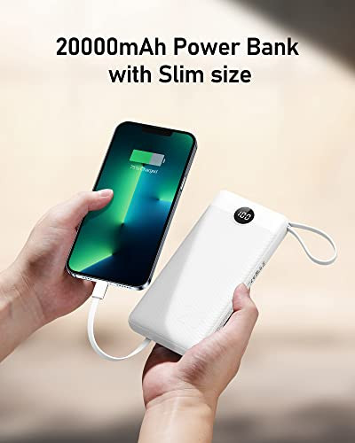20000mAh Power Bank with Built-in Cables - Fast Charging for iPhone & USB-C Devices