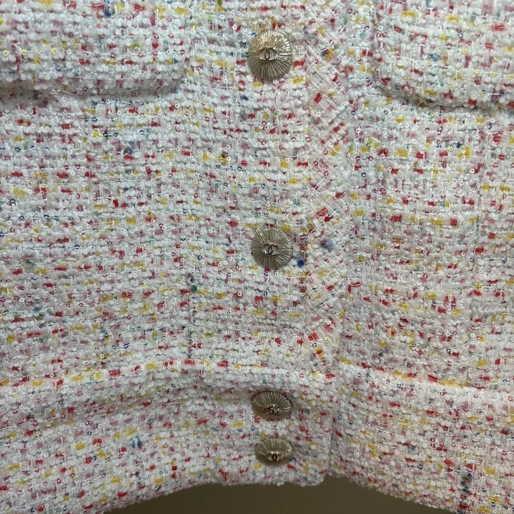 Autentica giacca tweed CHANEL 25P CC logo bottoni multicolore glitter FR 36