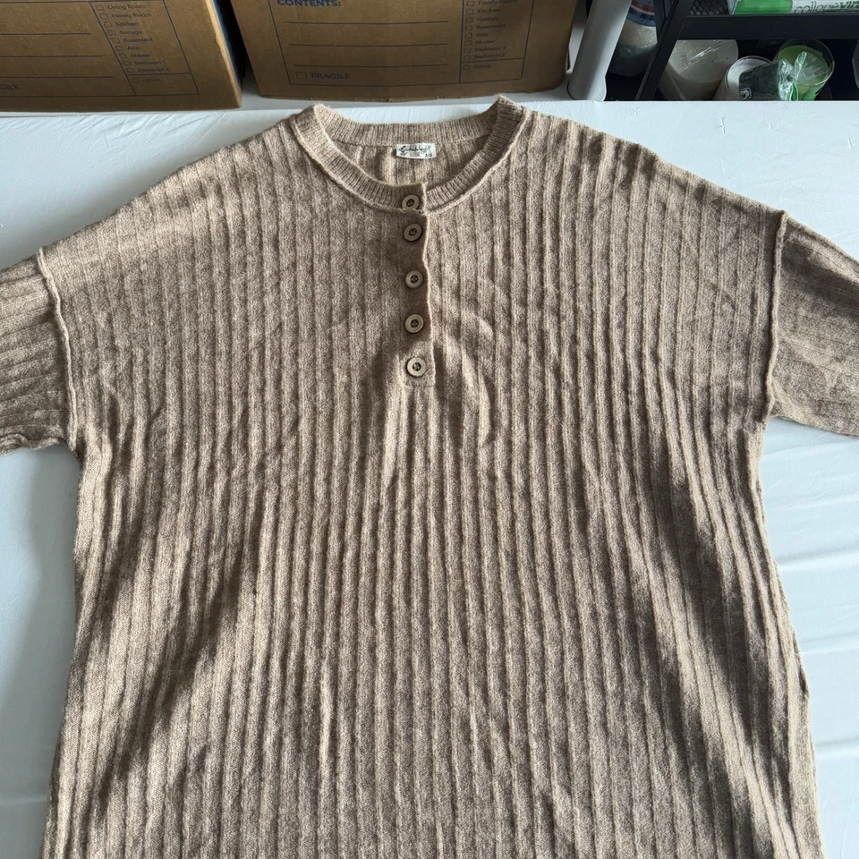 Intimately Free People Oversized Henley Sweater Size M Ribbed Beige Knit Comfy - Image 3 of 4