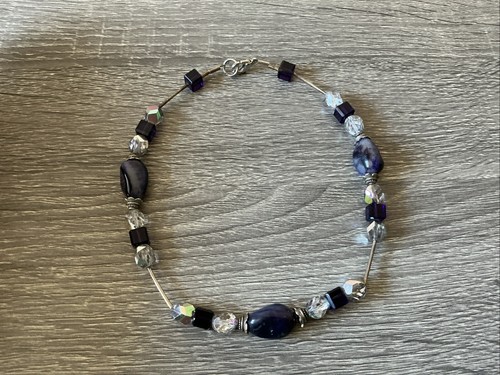 Choker Necklace Amethyst Nugget Glass Bead Y2K Artisan Aurora Borealis 15 inch - Picture 12 of 20
