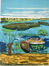 J Pterra FISHING POND Boats Landscape Serigraph Print Limited Edition 25x19 inch