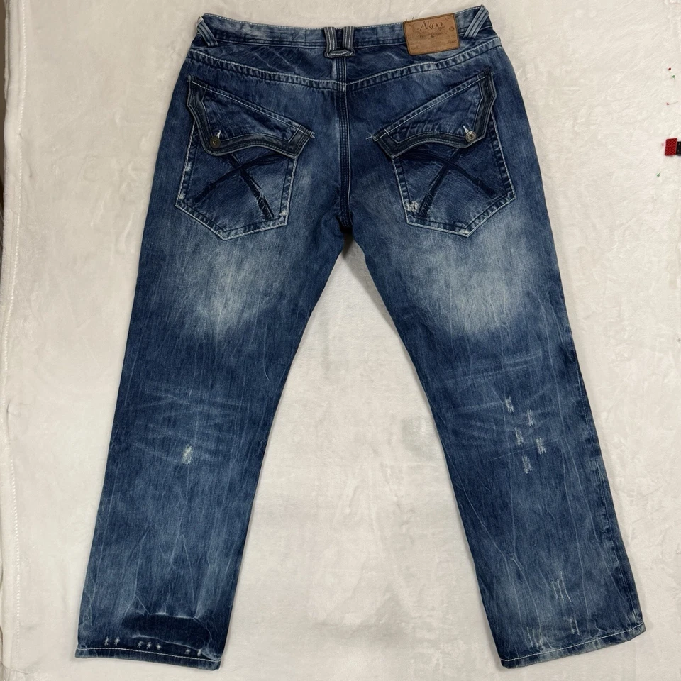 Pantalones de mezclilla relajados de pierna recta Y2K AKOO talla 40 desgastados hip hop pierna ancha patinador Foto 3 de 4