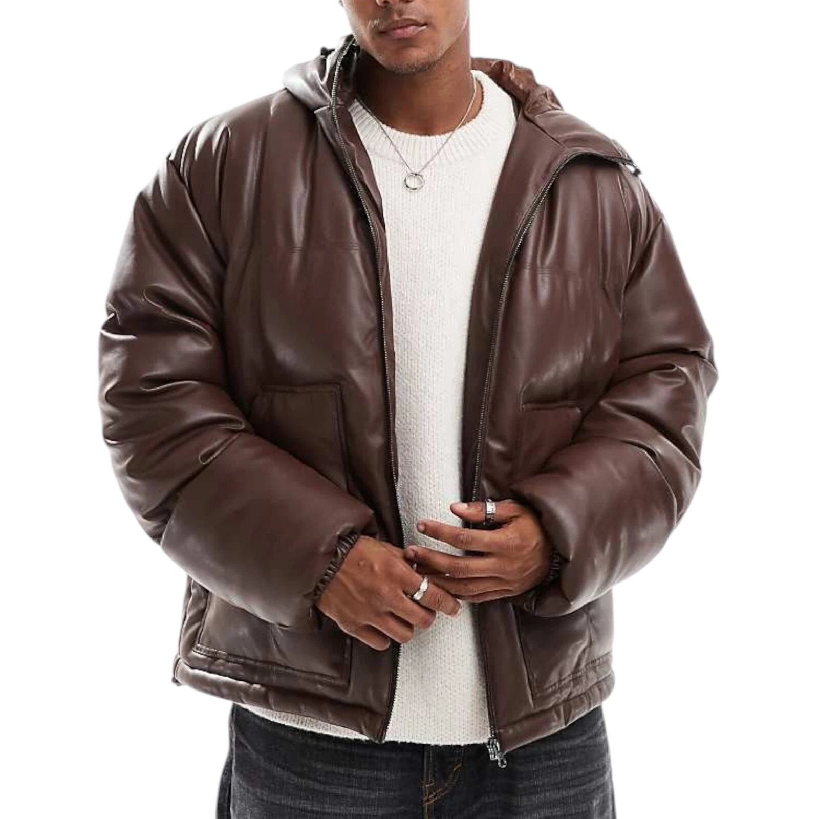 Men’s Brown Leather Puffer Jacket Winter Warm Hooded Coat Casual Zip-Up