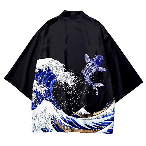 Cardigan Camicia Uomo Orientale Carpa Koi Haori Kimono Yukata Manica 3/4 Sciolto - Foto 5 di 10