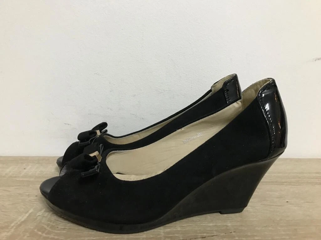 BEST EMILIE LADIES BLACK SUEDE PATENT WEDGE HEEL PEEP TOE SHOES UK SIZE 3 EUR 36