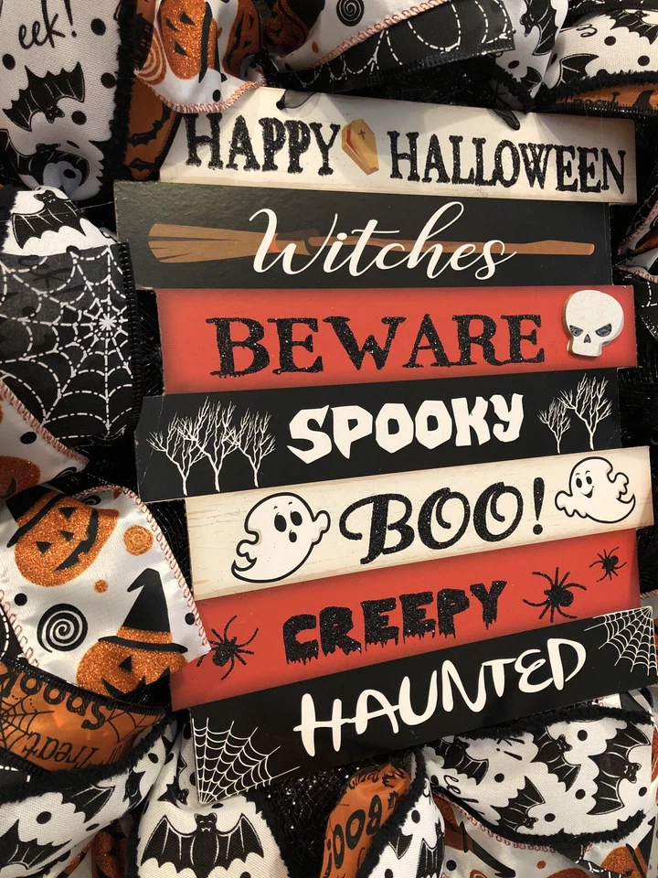 SPOOKY HALLOWEEN👻🎃🦇 🕷 WREATH 24 X 24 BLACK DECO MESH Sentiment Sign BEWARE - Image 3 of 4