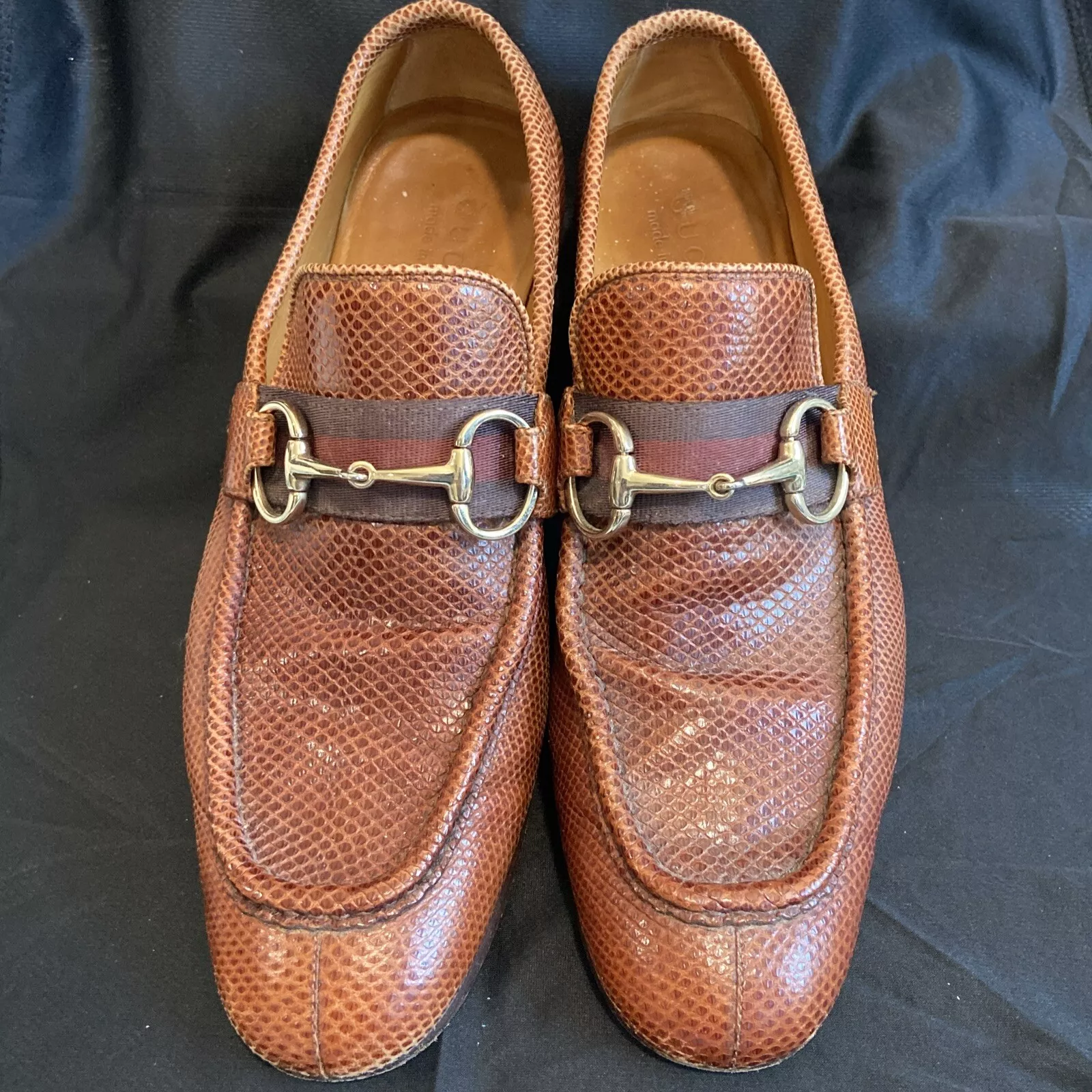 Mocassins GUCCI 1953 marron Horsebit peau de serpent toile os US 8