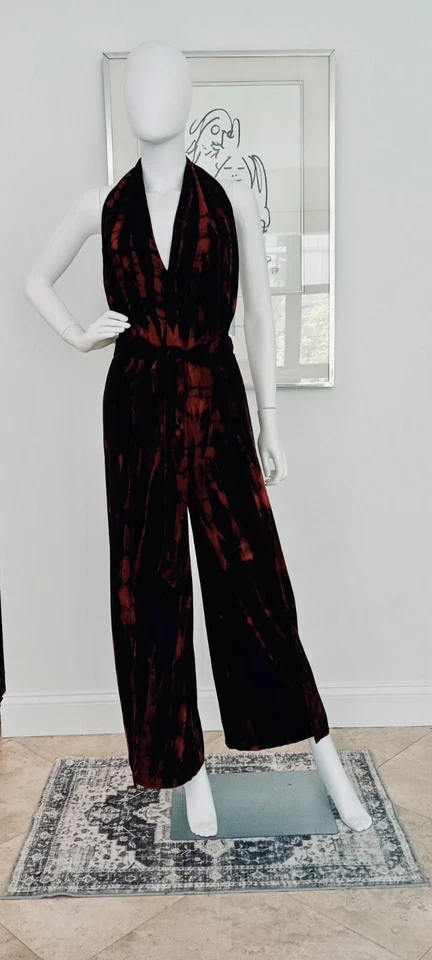 HALTER TOP DEEP VNECK TIE DYE JUMPSUIT IN BLACK AND RUST  SIZE: S/M. - Image 2 of 4