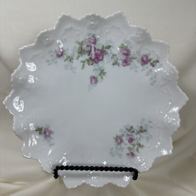 VTG Antique Moritz Zdekauer MZ Austria Scalloped Cake Plate 7-3/4  Roses Floral