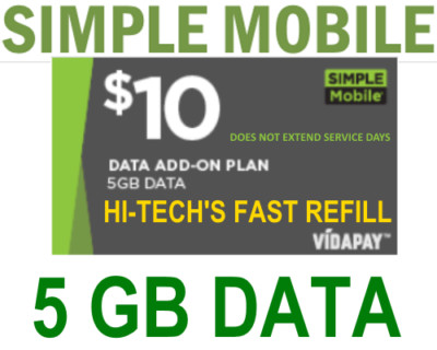 $10 SIMPLE MOBILE 💥 DATA ADD-ON FASTEST DIRECT TO YOUR PHONE 5GB TOP-UP ...