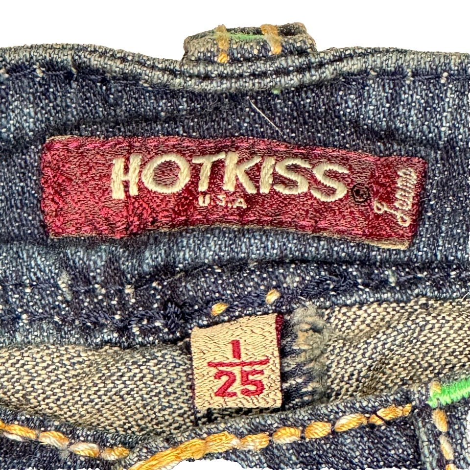 Pantalones Cortos De Colección Y2K Hot Kiss Denim Para Mujer Talla 1/25 Lavado Medio Tiro Solapa Bolsillo Foto 3 de 4